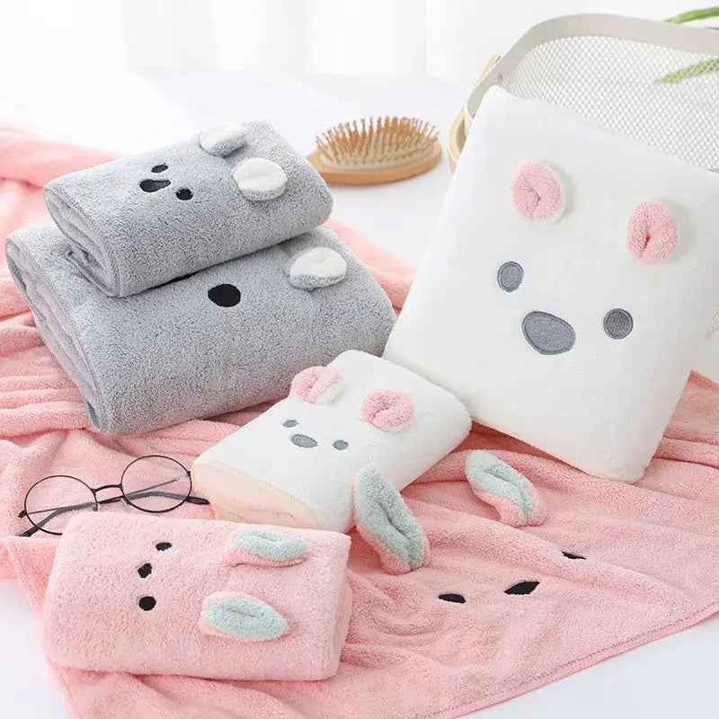 Set of soft gray and pink decorbites cartoon soft hand face towels with embroidered eyes and ears for bathroom decorbites