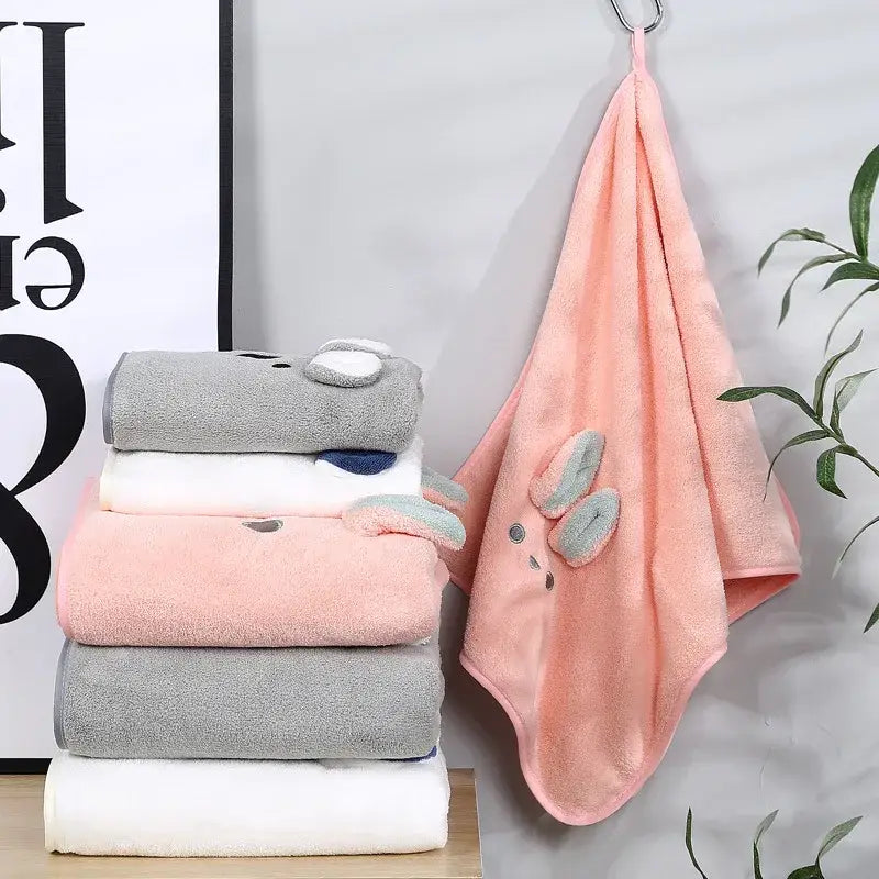 Pink bunny face towel microfiber with soft plush texture and embroidered ears ideal decorbites cartoon soft hand use
