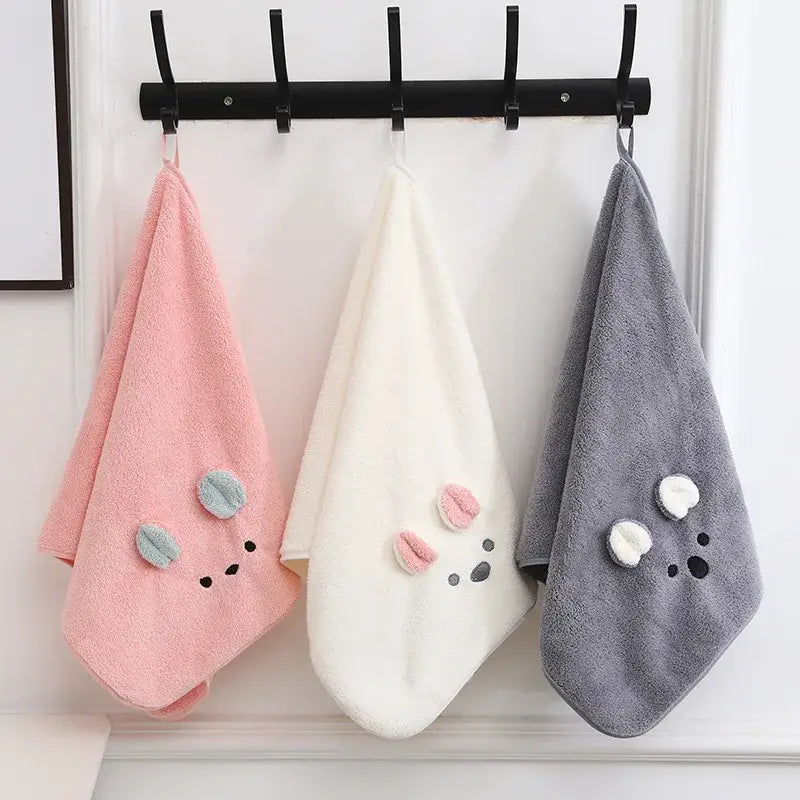 Three plush face towels in pink white and gray with embroidered faces and button ears for bathroom decorbites cartoon soft hand use