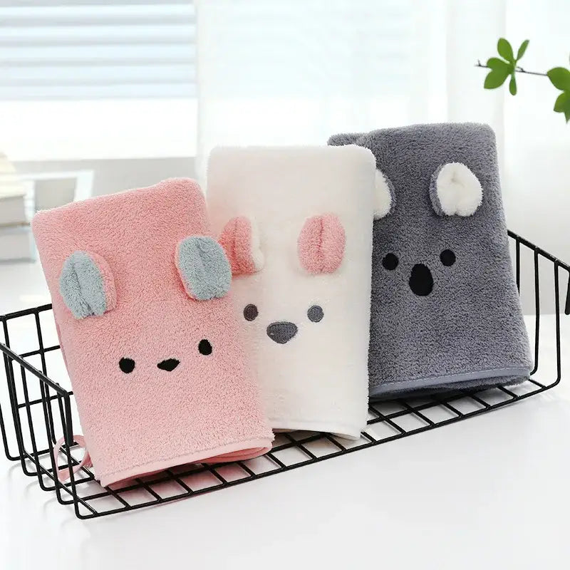 Three plush pink white and gray face towels with embroidered animal faces and fluffy ears decorbites cartoon soft hand