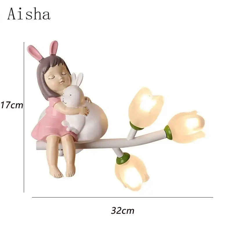 Aisha pink bunny tulip led wall lamp featuring a girl with bunny ears hugging a rabbit for decorbites kids room
