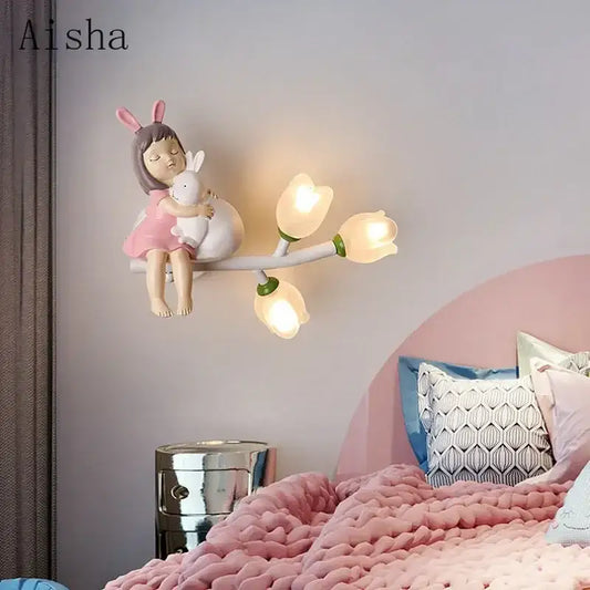Pink bunny tulip led wall lamp with sleeping girl figurine and glowing tulip lights for decorbites kids room nursery light