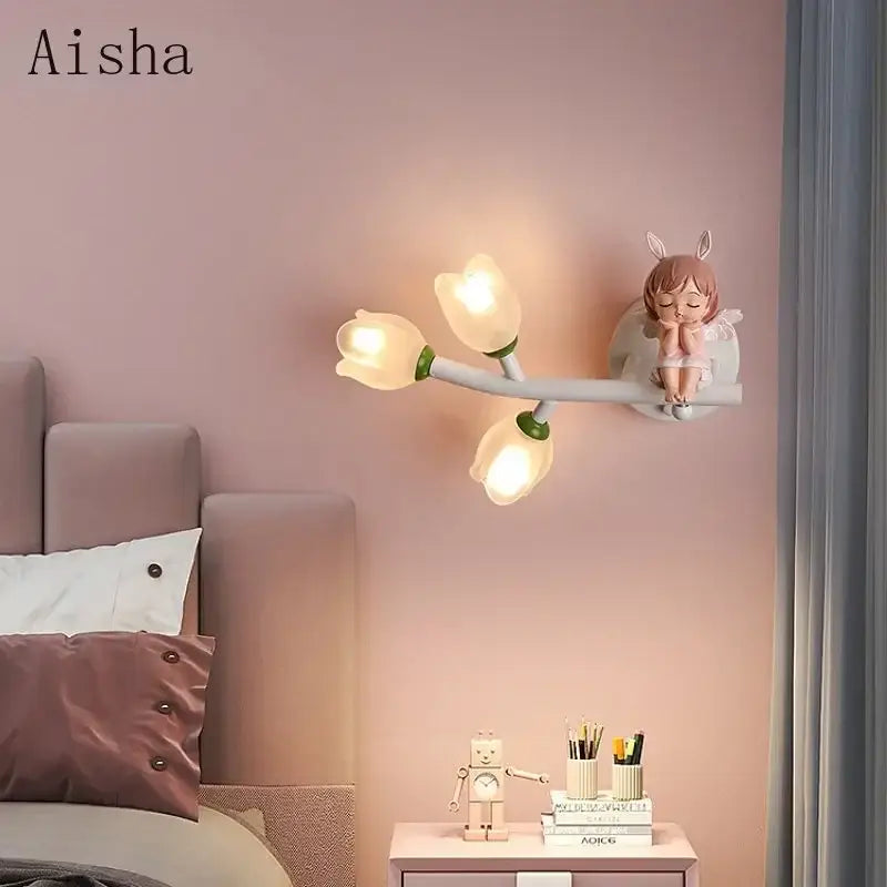 Pastel pink wall lamp with three glowing tulip lights and bunny figurine for decorbites kids room led nursery light