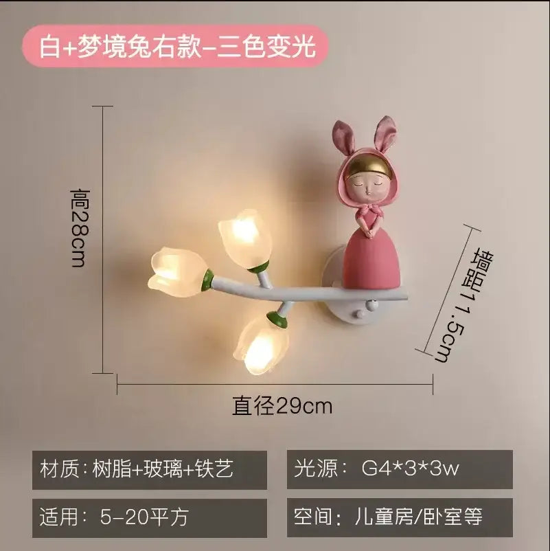 Pink bunny tulip led wall lamp with three glowing tulip-shaped lights for decorbites kids room nursery lighting