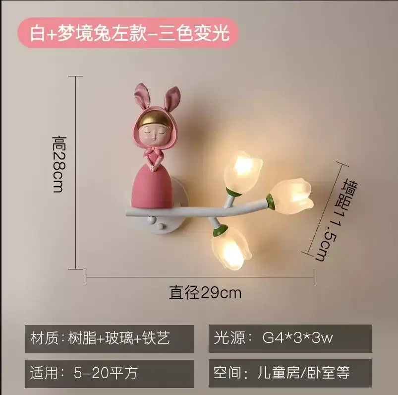 Pink bunny tulip led wall lamp with three glowing tulip-shaped lights for decorbites kids room nursery lighting