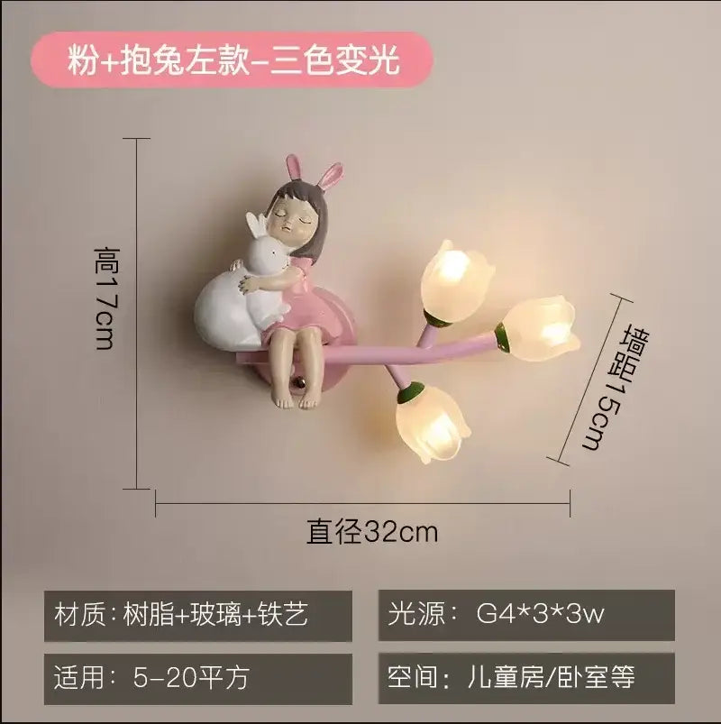 Pink resin wall lamp with sleeping girl and bunny features three glowing tulip-shaped lights for decorbites kids room nursery light