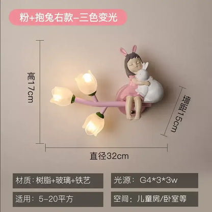 Pink resin wall lamp decorbites kids room with a sleeping girl hugging a white rabbit and three tulip led lights
