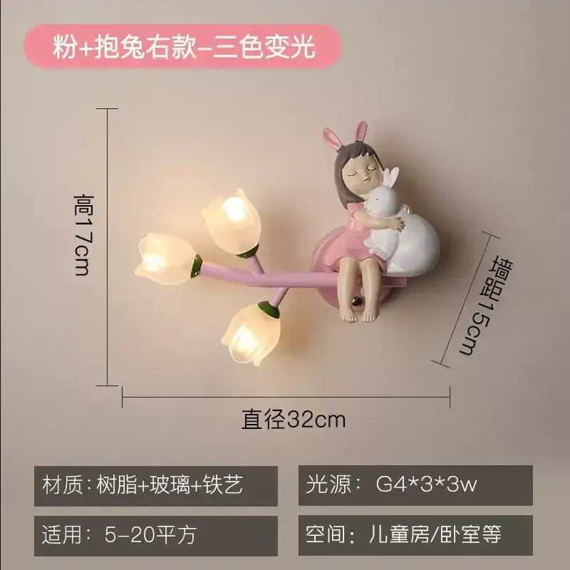 Pink resin wall lamp decorbites kids room with a sleeping girl hugging a white rabbit and three tulip led lights