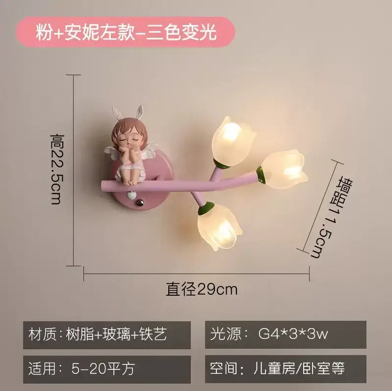 Pink resin wall lamp with sleeping angel figurine and bunny ears featuring three glowing tulip-shaped kids room led lights
