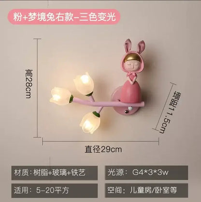 Pink resin bunny-themed wall lamp with three glowing tulip-shaped glass lights for decorbites kids room led nursery light