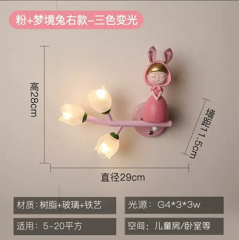 Pink resin bunny-themed wall lamp with three glowing tulip-shaped glass lights for decorbites kids room led nursery light