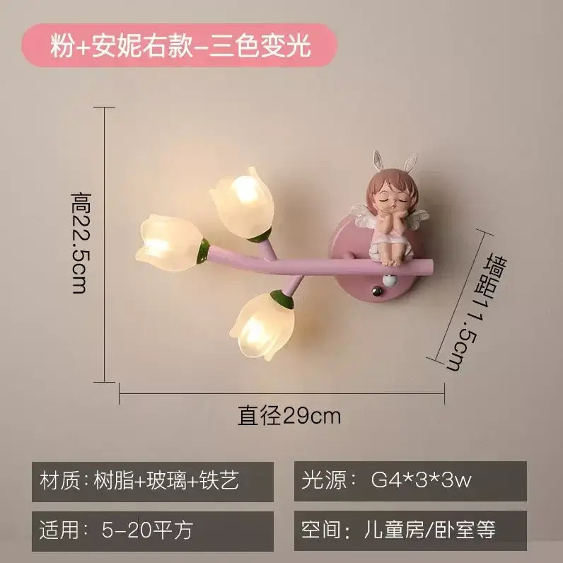 Pink resin wall lamp with three glowing tulip-shaped lights and angel figurine for decorbites kids room led nursery light