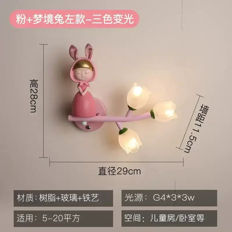 Pink bunny tulip led wall lamp with three glowing tulip-shaped lights perfect for decorbites kids room nursery light