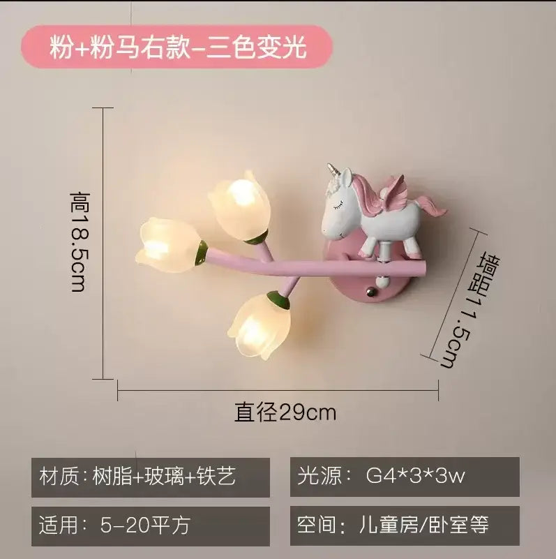 Pink unicorn-themed wall lamp with three tulip-shaped glass shades and white ceramic unicorn for decorbites kids room led use