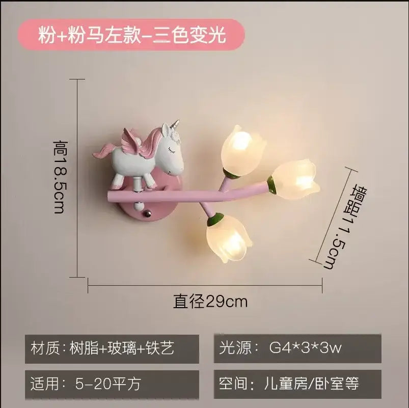Pink bunny tulip led wall lamp with three glowing tulip-shaped bulbs for decorbites kids room nursery light