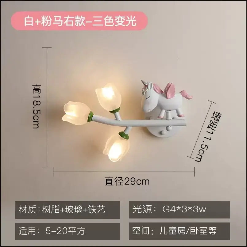 Pink bunny tulip led wall lamp with three glowing tulip lights in white and pink resin glass iron for decorbites kids room