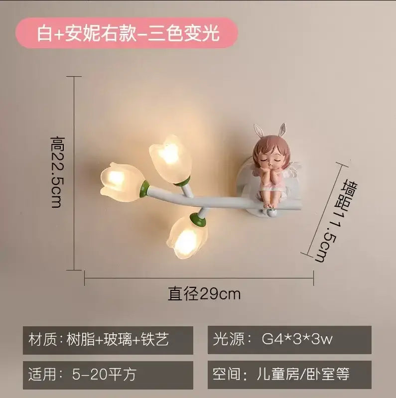 Pink bunny tulip led wall lamp with fairy figurine and glass tulip lamps for decorbites kids room nursery light