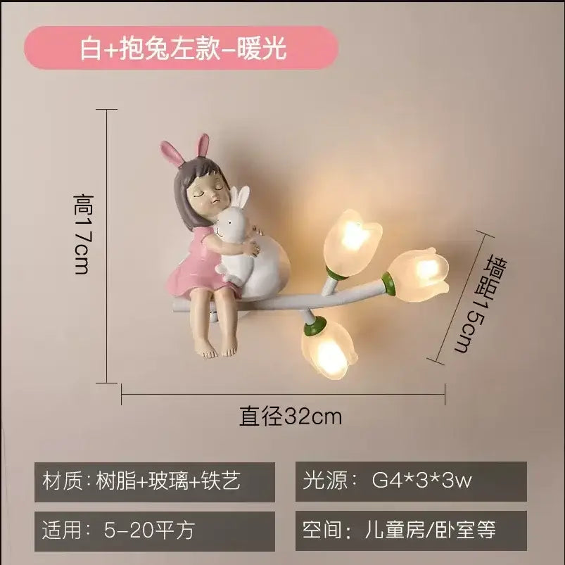 White resin pink bunny tulip led wall lamp with sleeping girl hugging plush rabbit for decorbites kids room nursery light