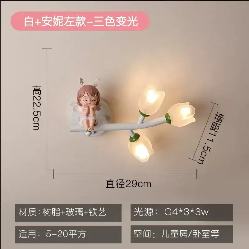 White resin and glass wall lamp with pink bunny tulip led lights featuring an angel figurine for decorbites kids room