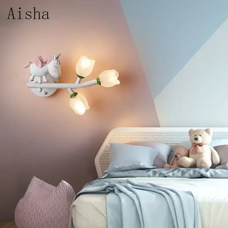 White unicorn-themed wall lamp with three tulip-shaped led lights ideal for decorbites kids room nursery lighting