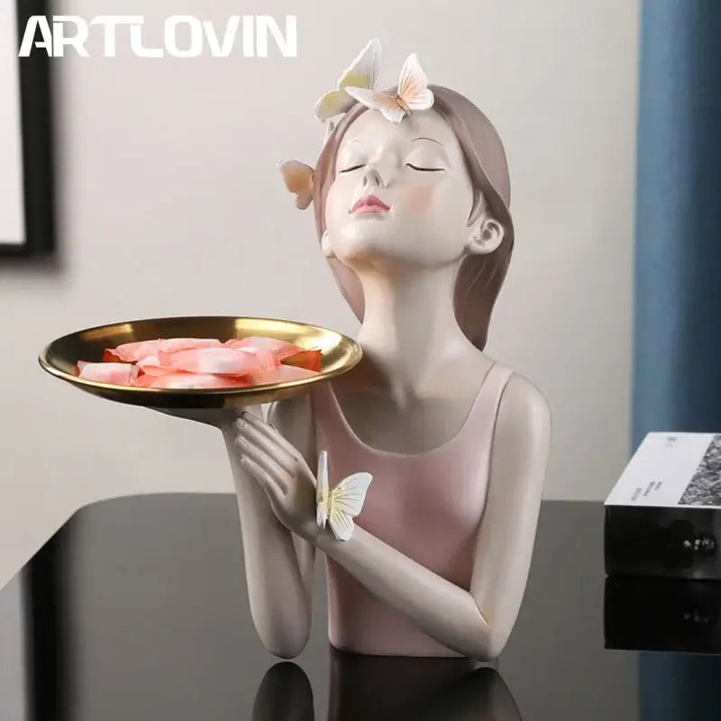 Artlovin pink butterfly fairy resin figurine with closed eyes holding golden tray decorated with white butterflies for decorbites