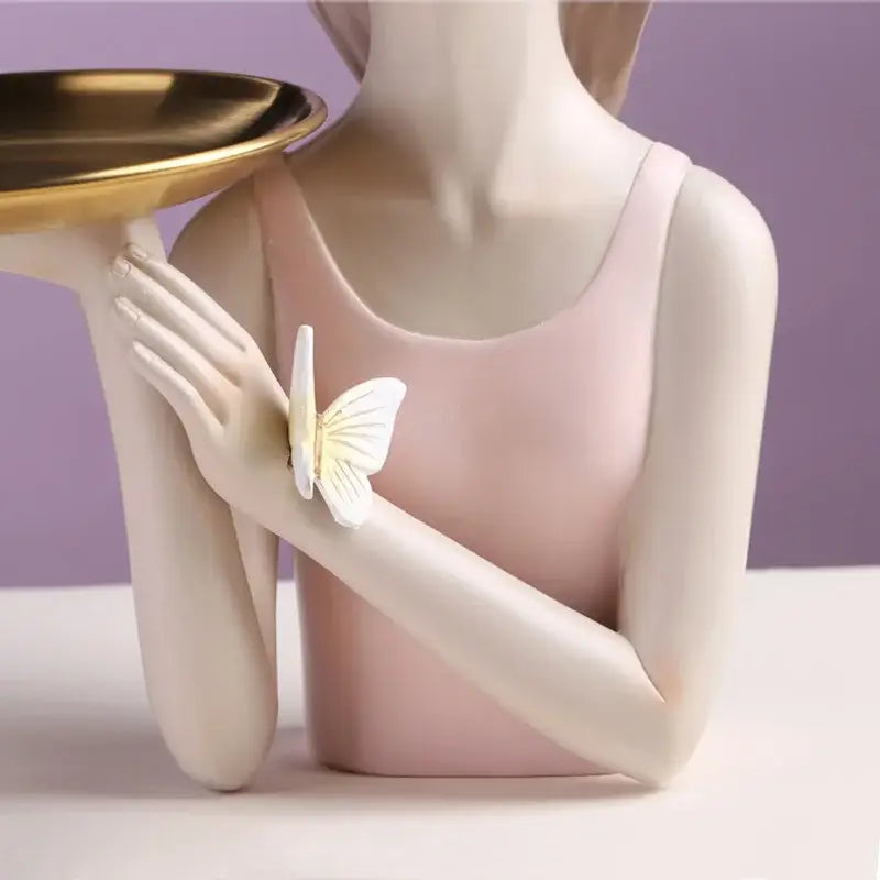 Delicate porcelain butterfly fairy resin statue in soft pink with golden tray and white butterfly decorbites butterfly fairy