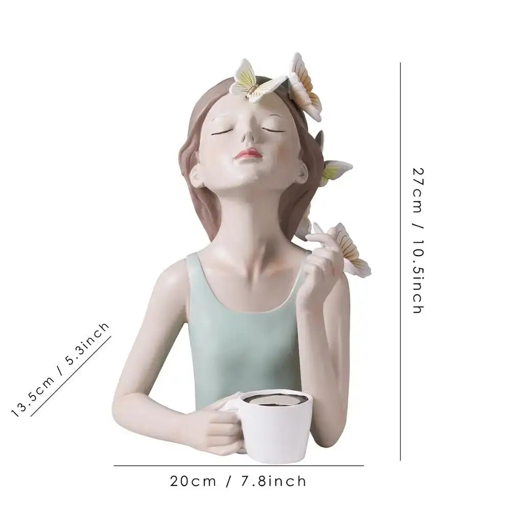 A serene light green butterfly fairy resin figurine holding a white mug with tray decorbites butterfly fairy decor