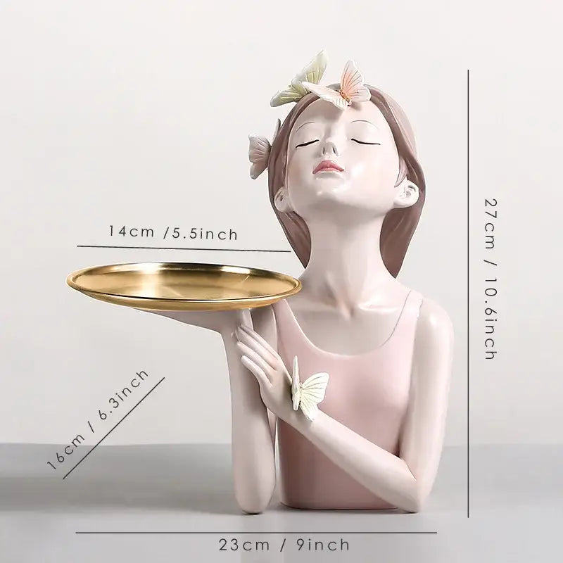 Delicate pink butterfly fairy resin figurine with closed eyes holding a golden tray adorned with white butterflies for decorbites bedroom desktop decor
