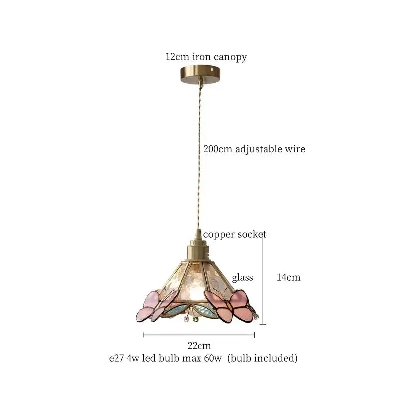 Pink butterfly glass led pendant light featuring delicate butterfly motifs in pink and blue stained glass with brass canopy
