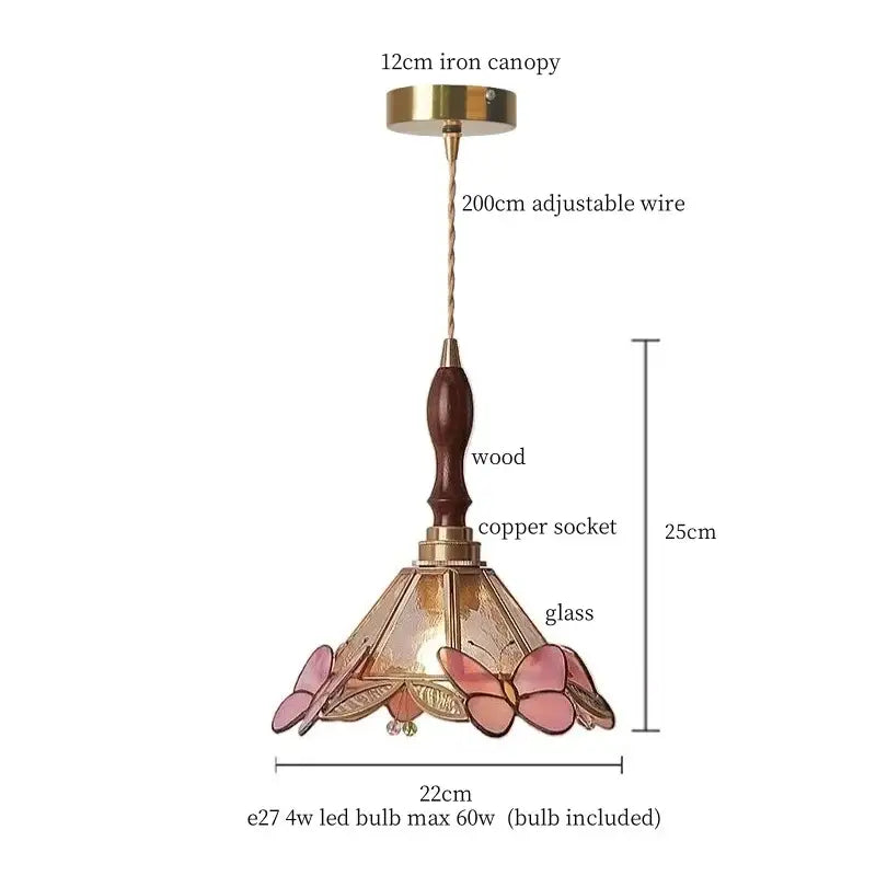 Pink butterfly glass led pendant light features a delicate stained glass design with wooden stem and brass accents