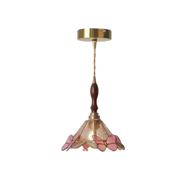 Pink butterfly glass led pendant light with brass finish and wooden accent for bedroom decorbites butterfly glass decor