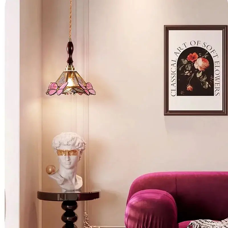 Pink butterfly glass led pendant light with pink stained glass dark wood finial and brass accents for bedroom decorbites butterfly glass decor