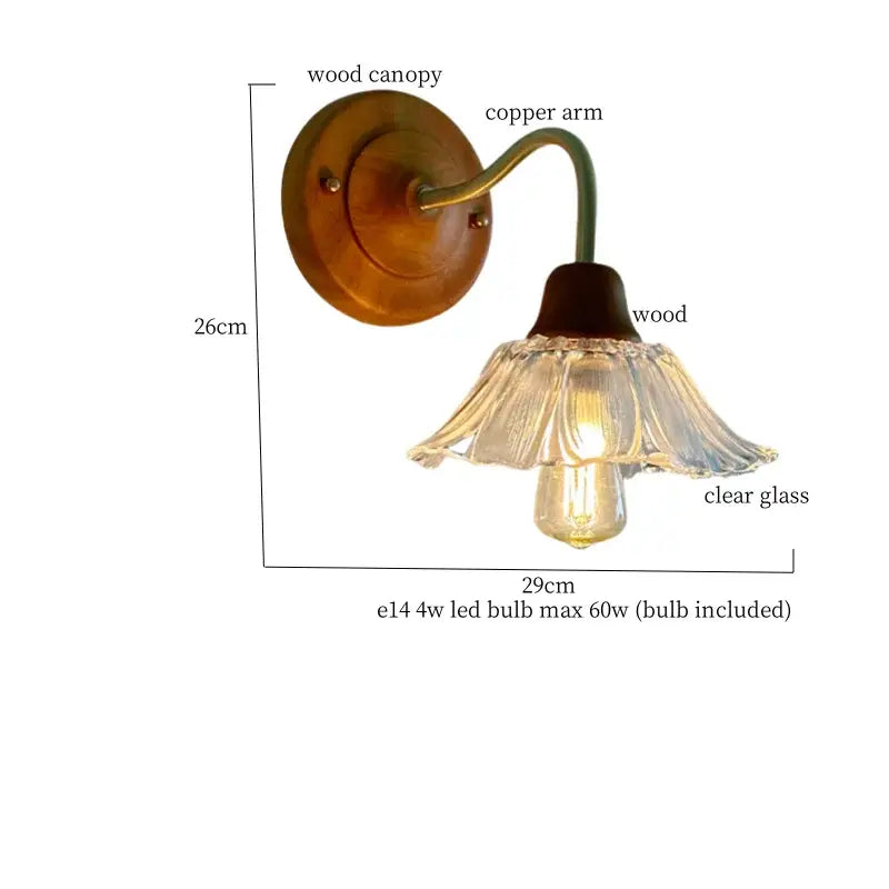 Pink butterfly glass led wall sconce with wooden canopy, curved copper arm, and fluted clear glass shade for bedroom decorbites glass led