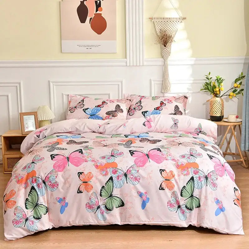 Pink butterfly print bedding set featuring colorful detailed wing patterns on soft fabric for bedroom duvet cover and sheets