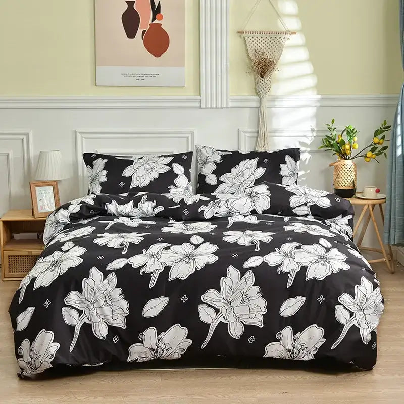 Black and white floral duvet cover set with delicate lily patterns featured in pink butterfly print bedding set bedroom collection