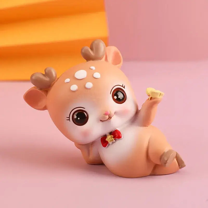 Cute peach-colored cartoon deer resin figurine with white spots and red bow tie for decorbites bedroom cake topper decor