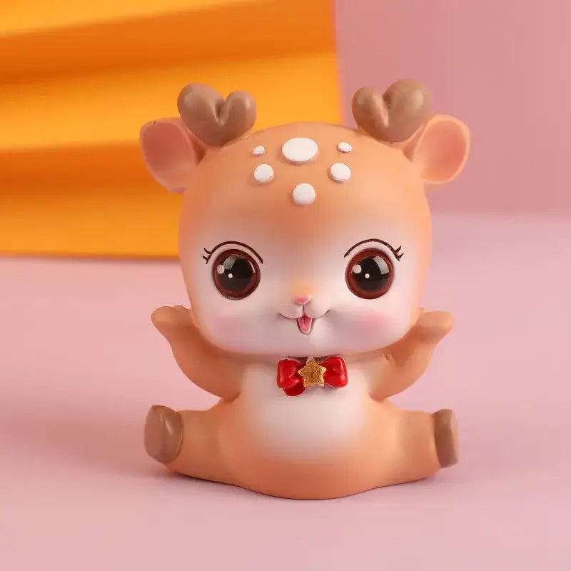 Cute tan resin deer figurine with white spots heart-shaped antlers and red bow tie decorbites cartoon deer topper