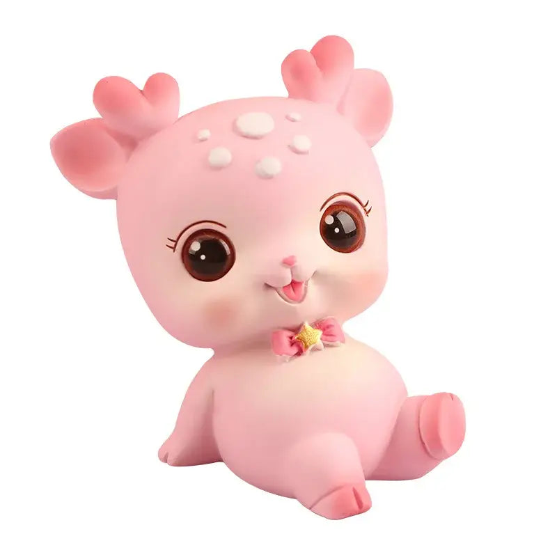 Pink cartoon deer resin figurine with white spots and pink bow with gold star for bedroom cake topper decorbites cartoon deer