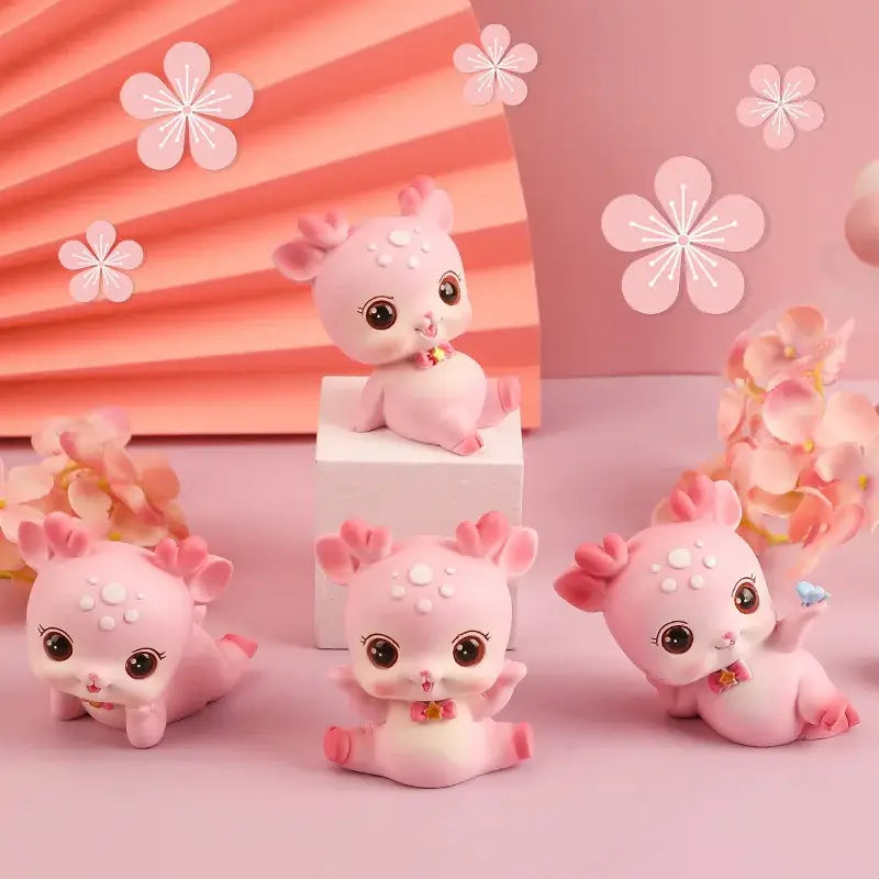 Pink cartoon deer resin figurines with white spots and bow ties for bedroom cake topper decor by decorbites cartoon deer