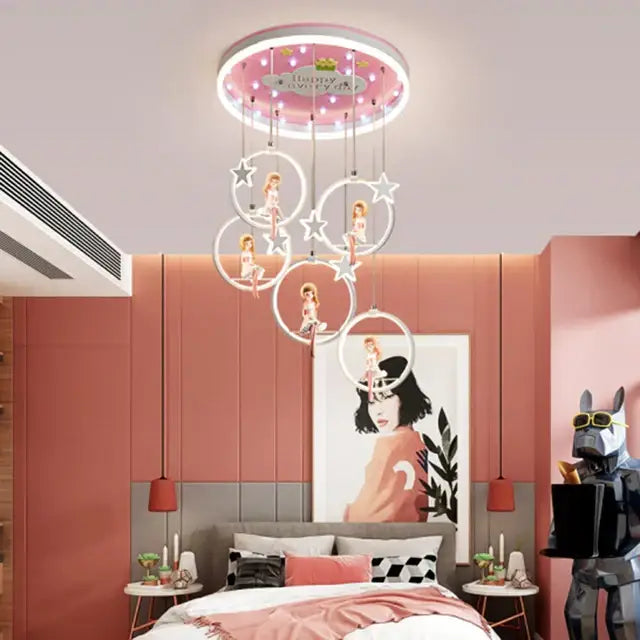Pink cartoon princess kids room chandelier with led ring and dangling white rings holding small doll figures decorbites cartoon princess
