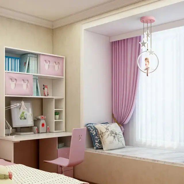Pink star-shaped hanging mobile chandelier with led ring and figurine for decorbites cartoon princess kids room decor