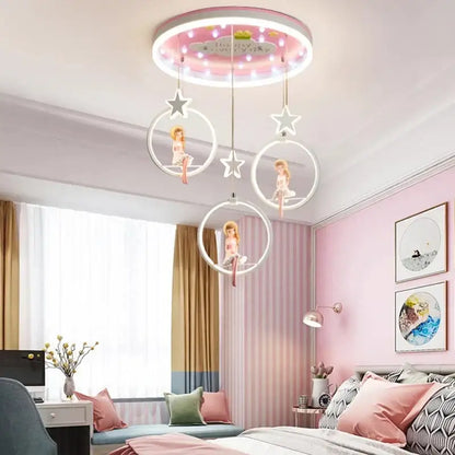 Pink cartoon princess kids room chandelier with glowing led ring and hanging fairy doll decorbites cartoon princess decor
