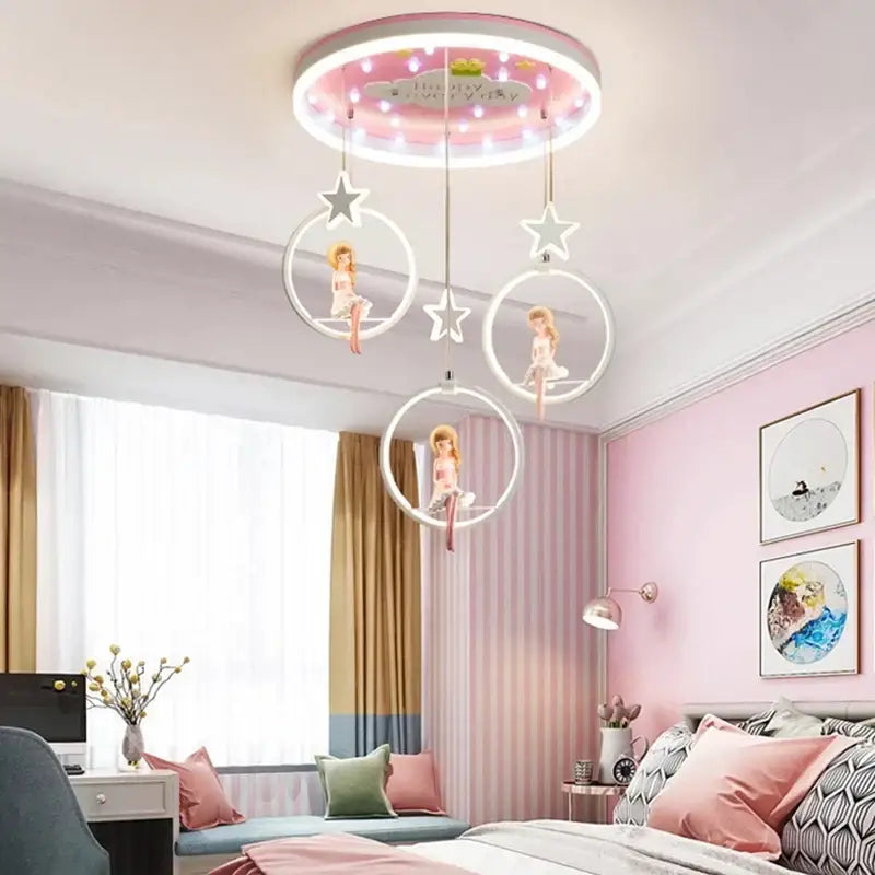 Pink cartoon princess kids room chandelier with glowing led ring and hanging fairy doll decorbites cartoon princess decor