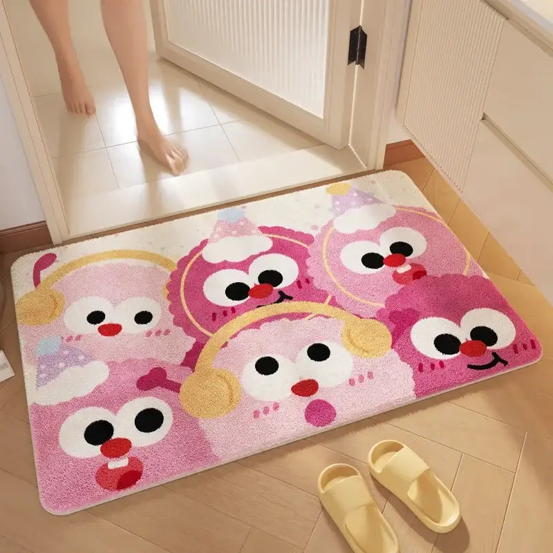 Pink plush cartoon print bathroom mat with cute big eye characters red noses yellow earmuffs soft absorbent decorbites cartoon print