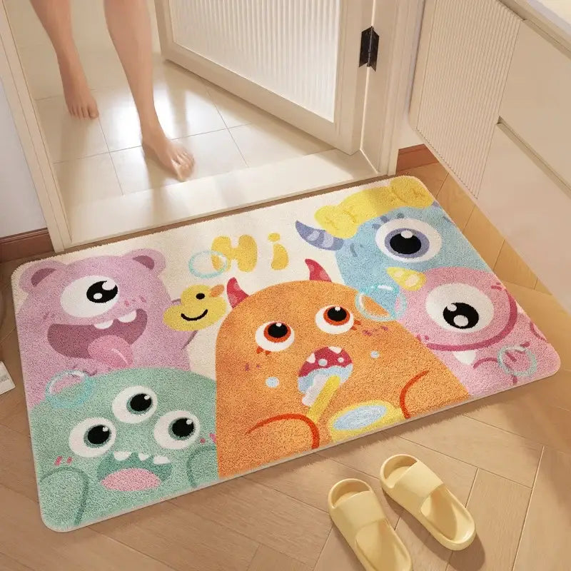 Pink cartoon print plush bathroom mat with colorful cartoon monsters soft absorbent decorbites cartoon print bathroom rug