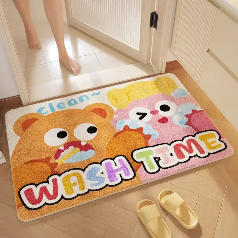 Pink cartoon print plush bathroom mat featuring colorful cartoon print bears with wash time text soft absorbent decorbites cartoon print bathroom rug