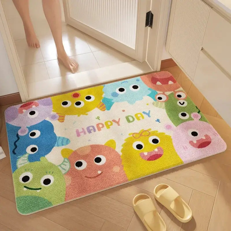 Pink cartoon print plush bathroom mat featuring colorful cartoon print monsters and happy day embroidery decorbites cartoon print