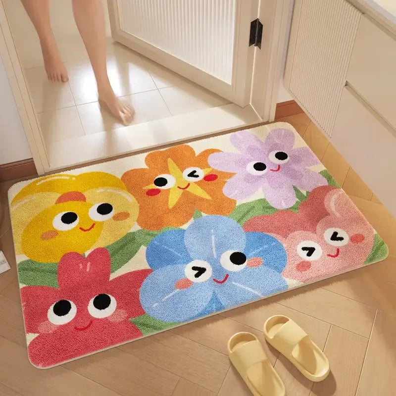 Pink cartoon print plush bathroom mat with colorful cartoon print flowers and soft absorbent decorbites cartoon print design