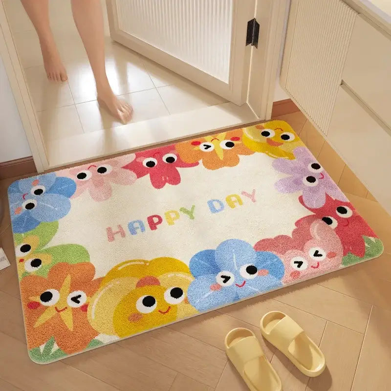 Pink cartoon print plush bathroom mat soft absorbent decorbites cartoon print with cheerful flower border and happy day text