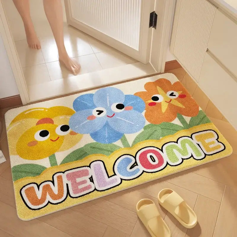 Pink cartoon print plush bathroom mat with colorful smiling cartoon flowers soft absorbent decorbites cartoon print rug